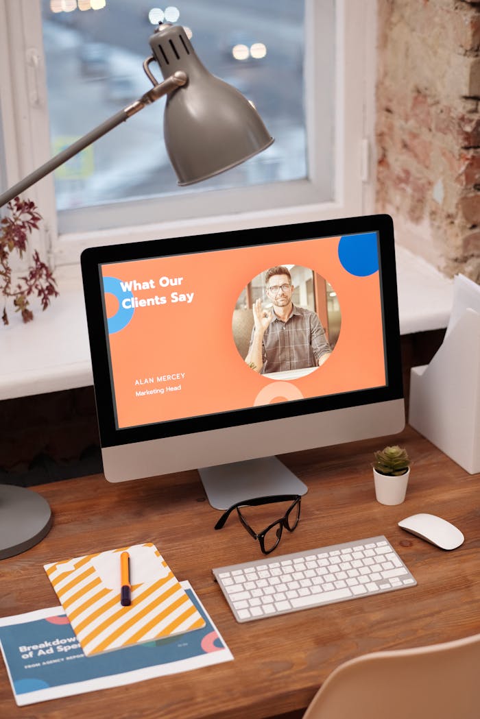 The Art of Drawing Readers In: Your attractive post title goes here Stylish home office setup with computer showcasing client testimonials.